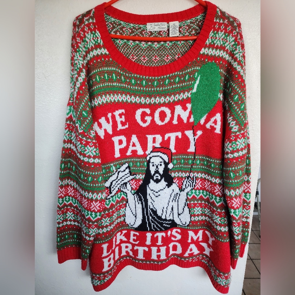 Isabella's Closet Jesus Party Like It's My Birthday Ugly Christmas Sweater Knit